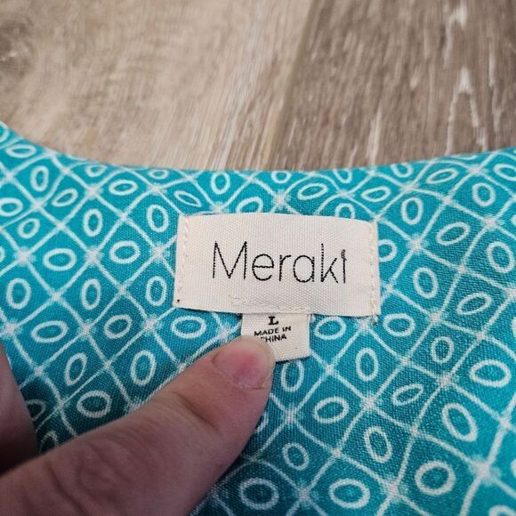 Meraki Faux Wrap Blouse Puff Sleeve Women’s Large Green Teal Geometric Pattern - Picture 7 of 10